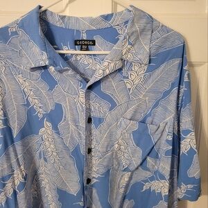 Blue & White Flowy Hawaiian Shirt Short Sleeve Button Up
